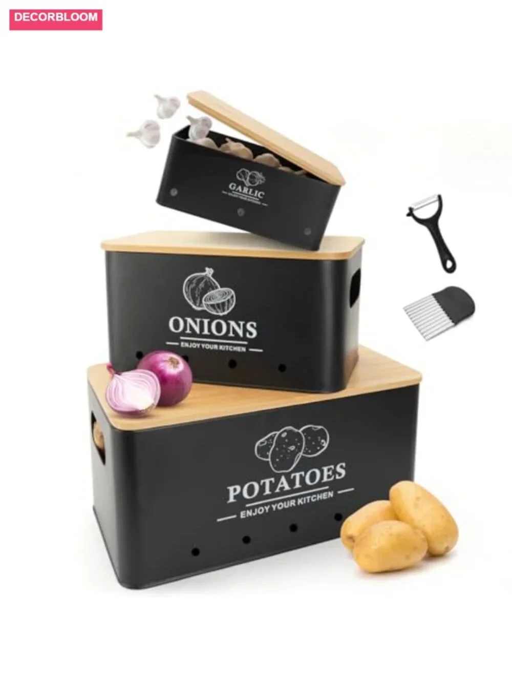 Metal Vegetable Storage Set of 3 Kitchen Canisters with Bamboo Lids, Aerating